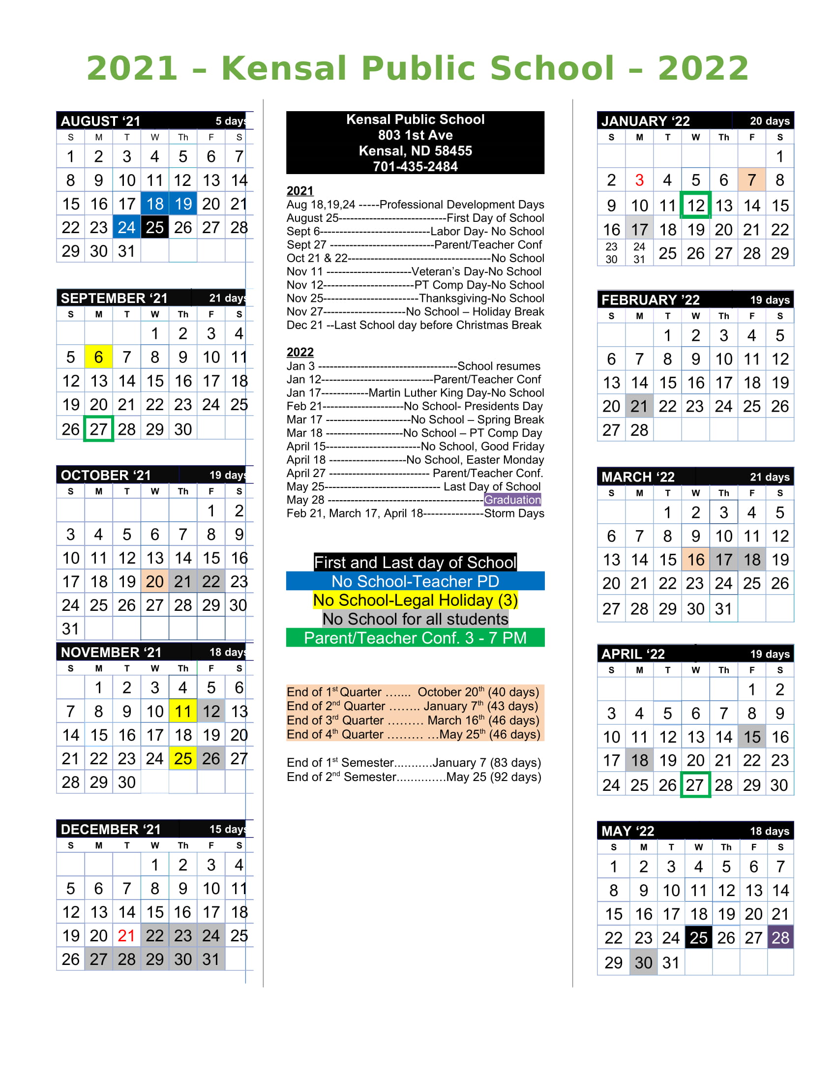 School Calendar 20212022 Kensal Public SchoolKensal Public School